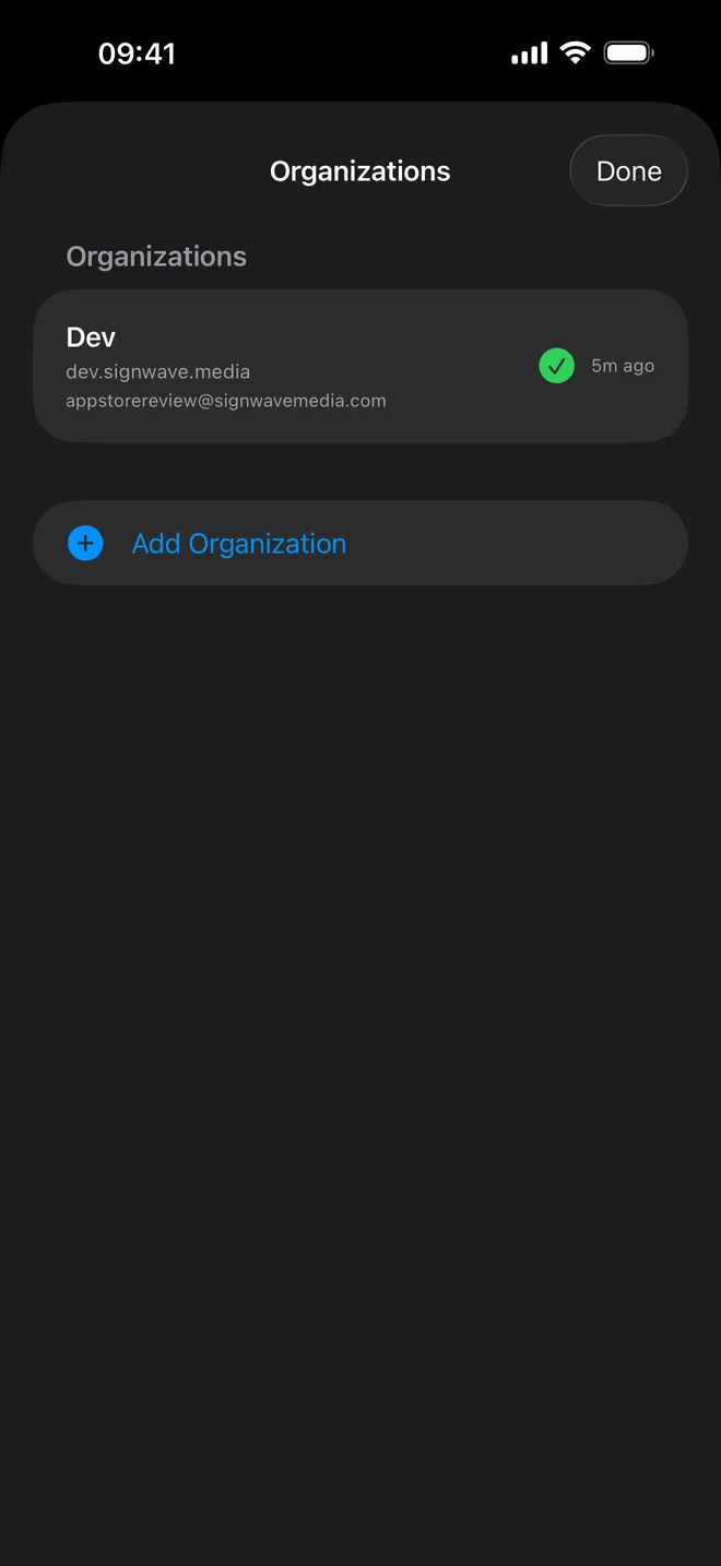 The Organizations screen listing a signed-in organization with its address and an Add Organization button.