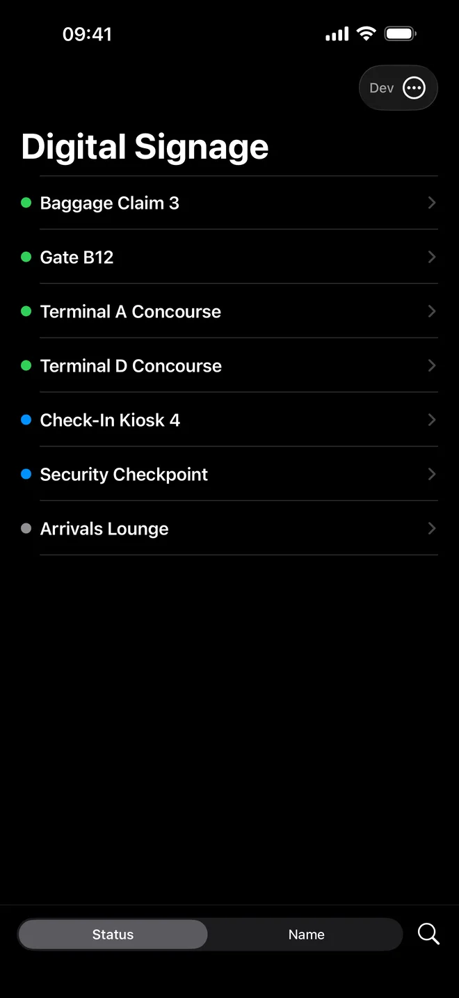 A list of signs with status dots: Baggage Claim 3, Gate B12, Terminal A Concourse and others.