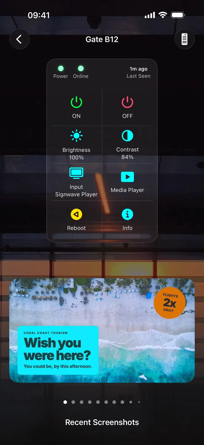 The Signwave remote for a sign named Gate B12, with power, brightness, contrast, input and reboot controls above a recent screenshot of the display.