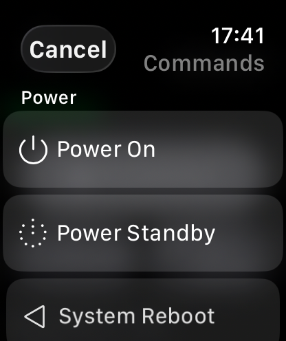 Apple Watch showing power on, power standby and system reboot commands.